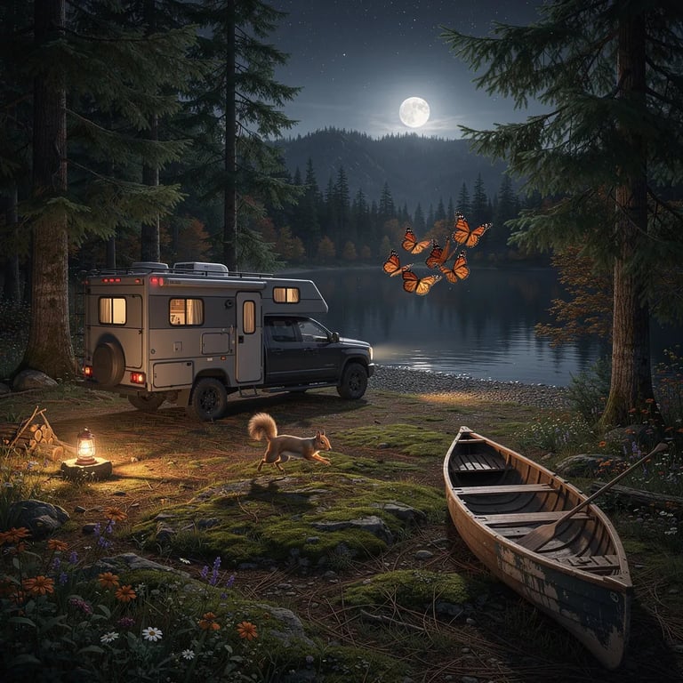 A dark gray truck camper sits under tall fir and cedar trees beside a calm lake in Washington. The moon is rising, and stars sparkle in a clear early fall sky. A warm lantern glow lights the mossy ground and wildflowers, while a canoe rests on the shore. A squirrel darts by as monarch butterflies drift through the quiet clearing.
