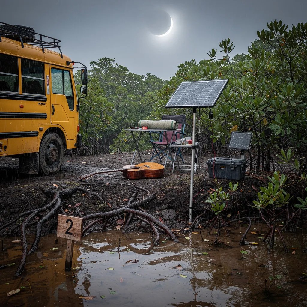 A quiet mangrove swamp campsite sits by a calm lake, with tangled roots and shallow water in front. A bright yellow school bus is parked in a small muddy clearing, glowing under the dim eclipse light and misty rain. A guitar rests near a simple camp setup, with a solar panel charging a battery beside a little sign that says “2.”