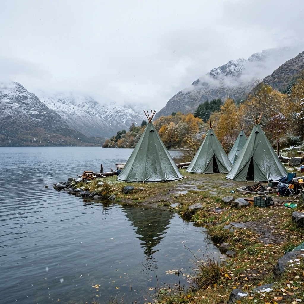 Three sage-green tents sit on the damp, leaf-strewn shore of a calm lake. Light snow falls as autumn trees glow in soft gold and rust beneath cloudy hills. The quiet campsite feels cool and peaceful.