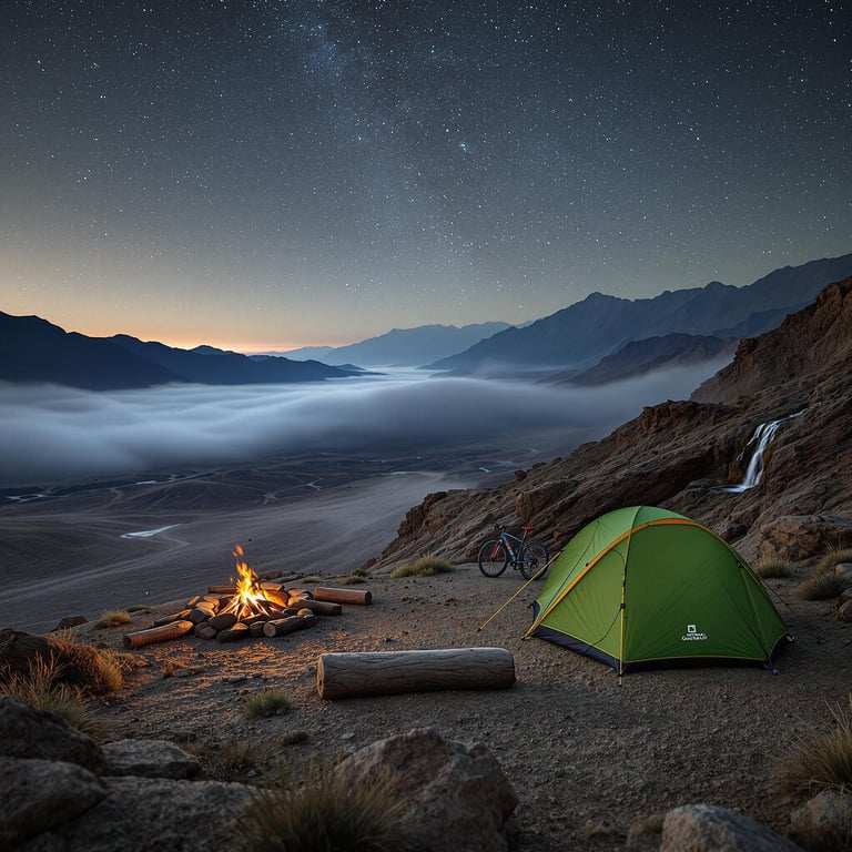 A green tent glows beneath a sky full of stars in Death Valley. A campfire burns beside a large log, while a small waterfall flows nearby. Fog rolls through the windy valley as hikers and a bicycle rest near the campsite.