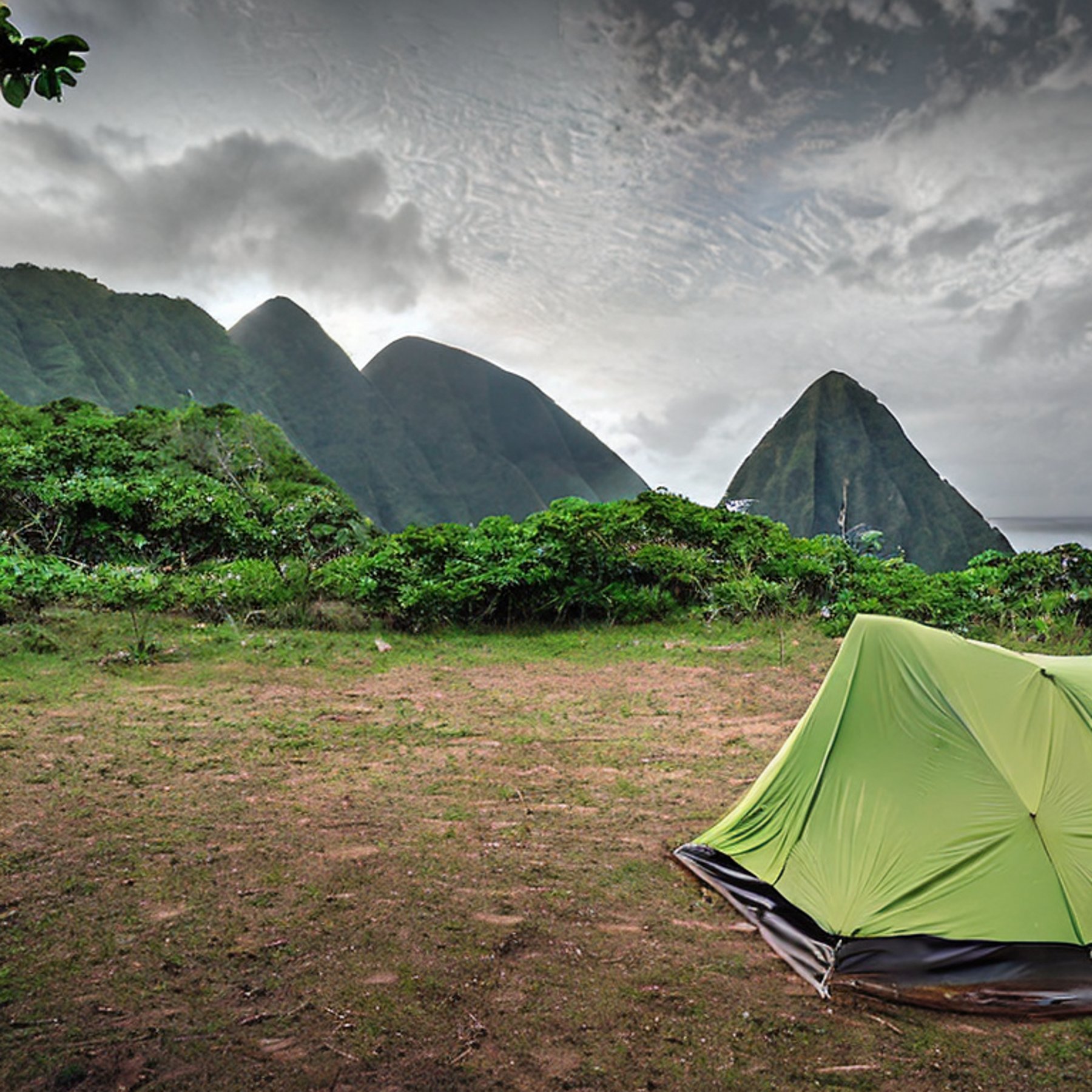 A green and tan tent rests on a dirt campsite in rainy Soufrière, St. Lucia. Rolling hills and a large rock surround the cozy campfire, with camping gear nearby.