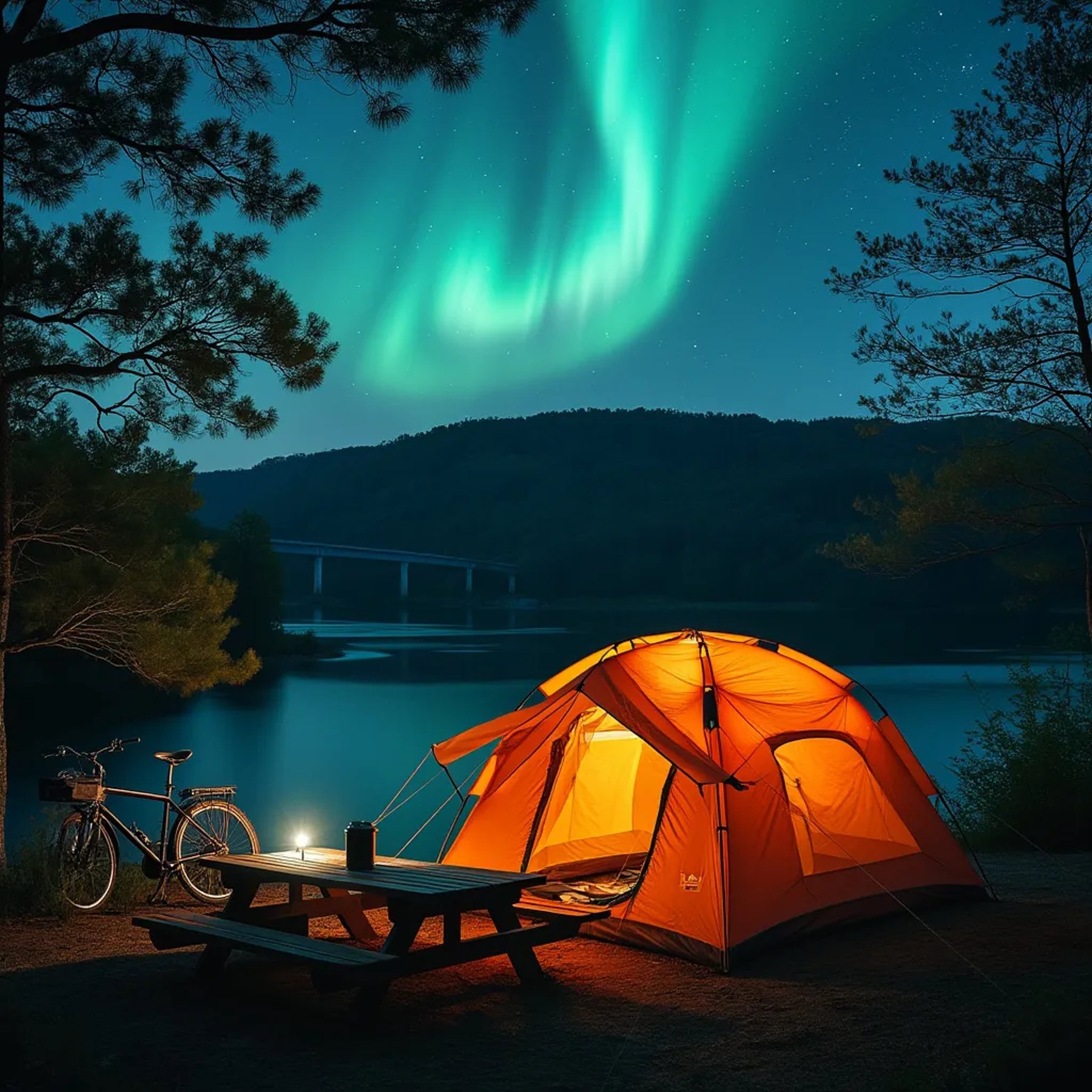 An orange tarp shelter rests beneath the glowing northern lights in the quiet Ozark night. A small tent shines with warm light, while a bicycle and camping stove wait nearby. Seen from a suspension bridge, the campsite feels peaceful and adventurous.