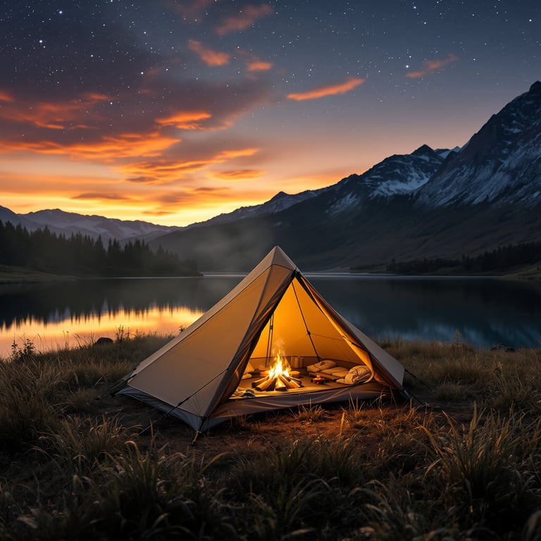 A cozy tent glows by a calm lake, surrounded by tall mountains and twinkling stars. The campfire crackles, making the night feel warm and peaceful. It’s the perfect spot for adventure and stargazing!