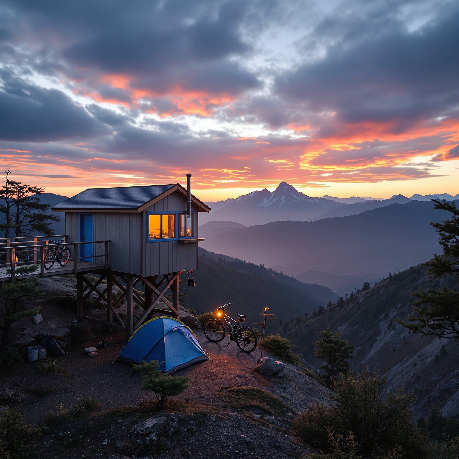 This cozy campsite sits high in the mountains with a glowing cabin and a bright blue tent. The sunset paints the sky with orange and purple colors. You can see bikes parked nearby, ready for an adventure!