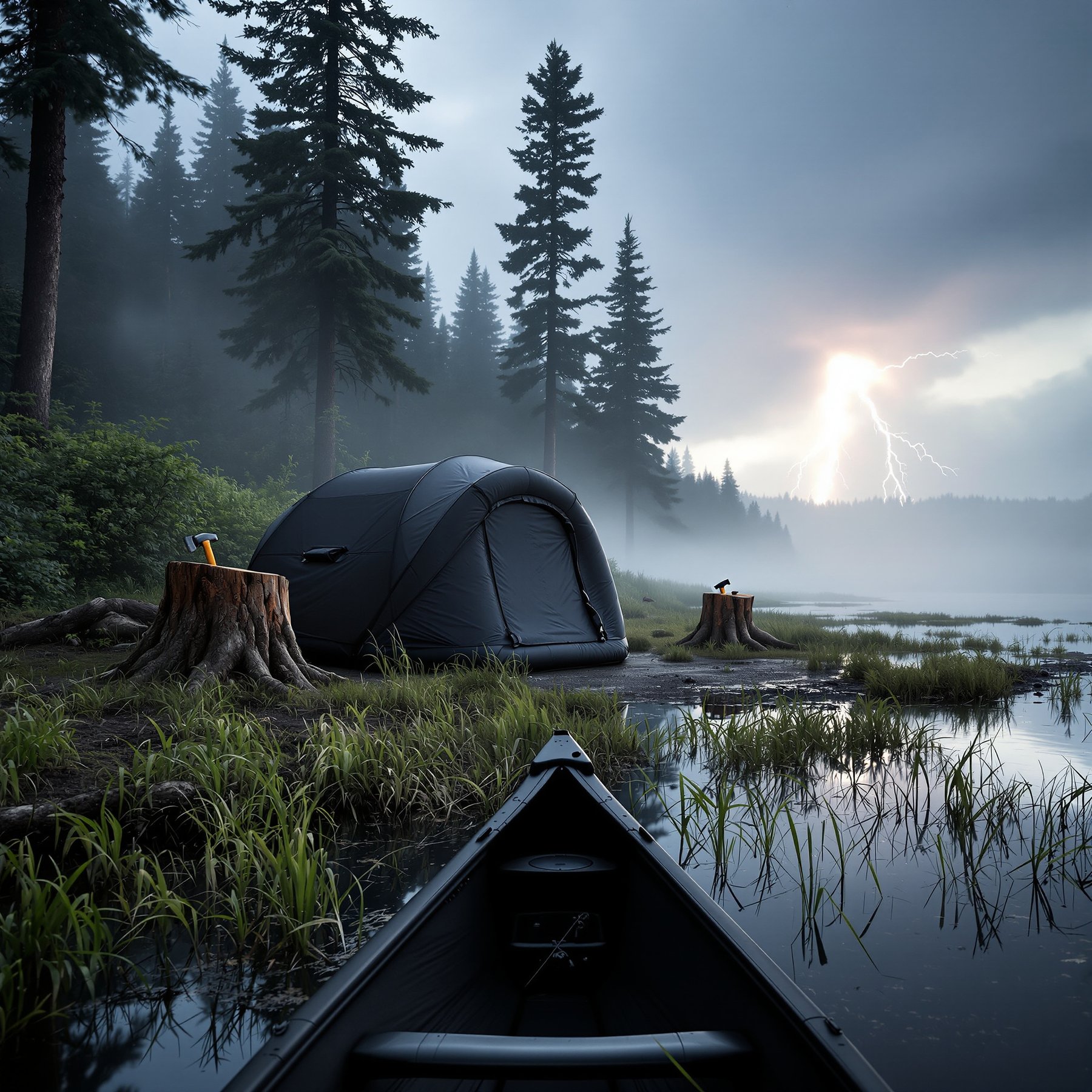 A dark tent sits by a quiet lake, surrounded by tall pine trees and thick mist. Lightning flashes in the stormy sky, making the campsite feel exciting and wild. An empty canoe waits on the water, ready for adventure.