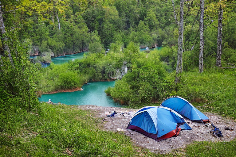 A cozy tent rests beside a warm campfire in the grassy woods of Plitvice Lakes. A clear stream winds through the campsite, bordered by smooth stones and a patch of dirt. Cloudy dusk gives the scene a calm, peaceful feeling.