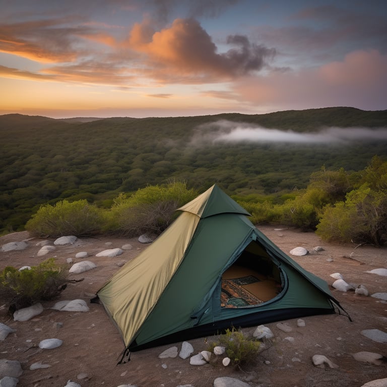 A green camo tent rests among flowers and pale stones in Biscayne National Park. Sunset paints the dry ground with warm light as soft fog drifts through the valley. A backpack sits nearby, with the moon rising in the distant sky.