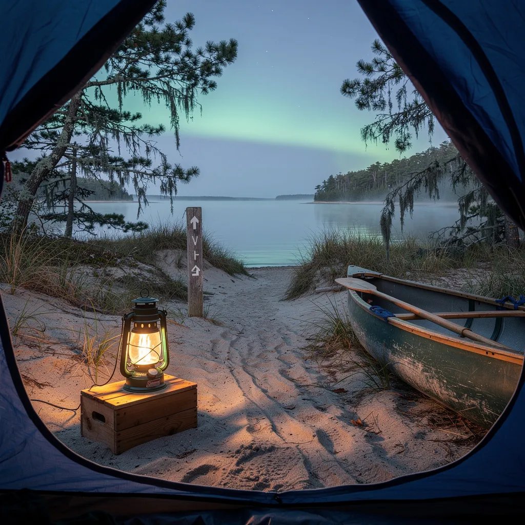 A blue tent sits in the sandy dunes by a quiet inlet at dusk, with pines and tall grass swaying in the cold wind. A warm lantern glows on a wooden crate, lighting the sand like a small campfire. A canoe rests nearby, and a weathered trail marker stands by the path. Far out over the water, faint green lights shimmer under the stars.