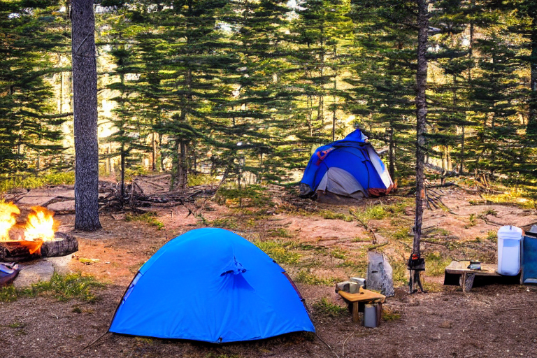 A blue tent rests on a quiet dirt campsite in Acadia National Park as the sun sets. A warm campfire glows beside the chairs, while birds fly overhead and clothes sway on a line.