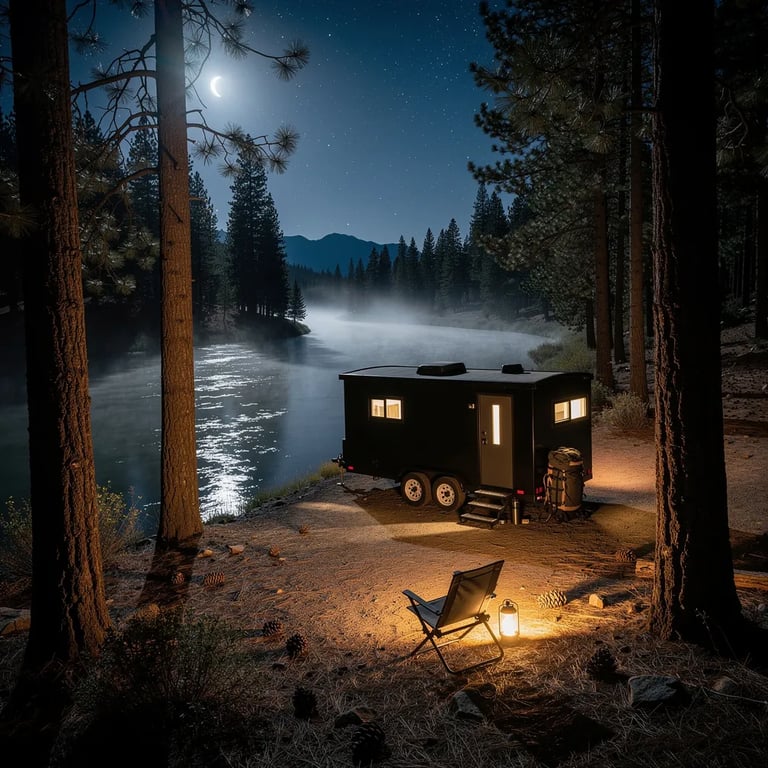 A quiet pine forest campsite sits beside a calm river under a thin crescent moon and a sky full of stars. A tiny matte-black house on wheels rests in a small clearing, with a backpack by the steps. A lone camp chair faces the water, glowing softly from a lantern as mist drifts over the river.