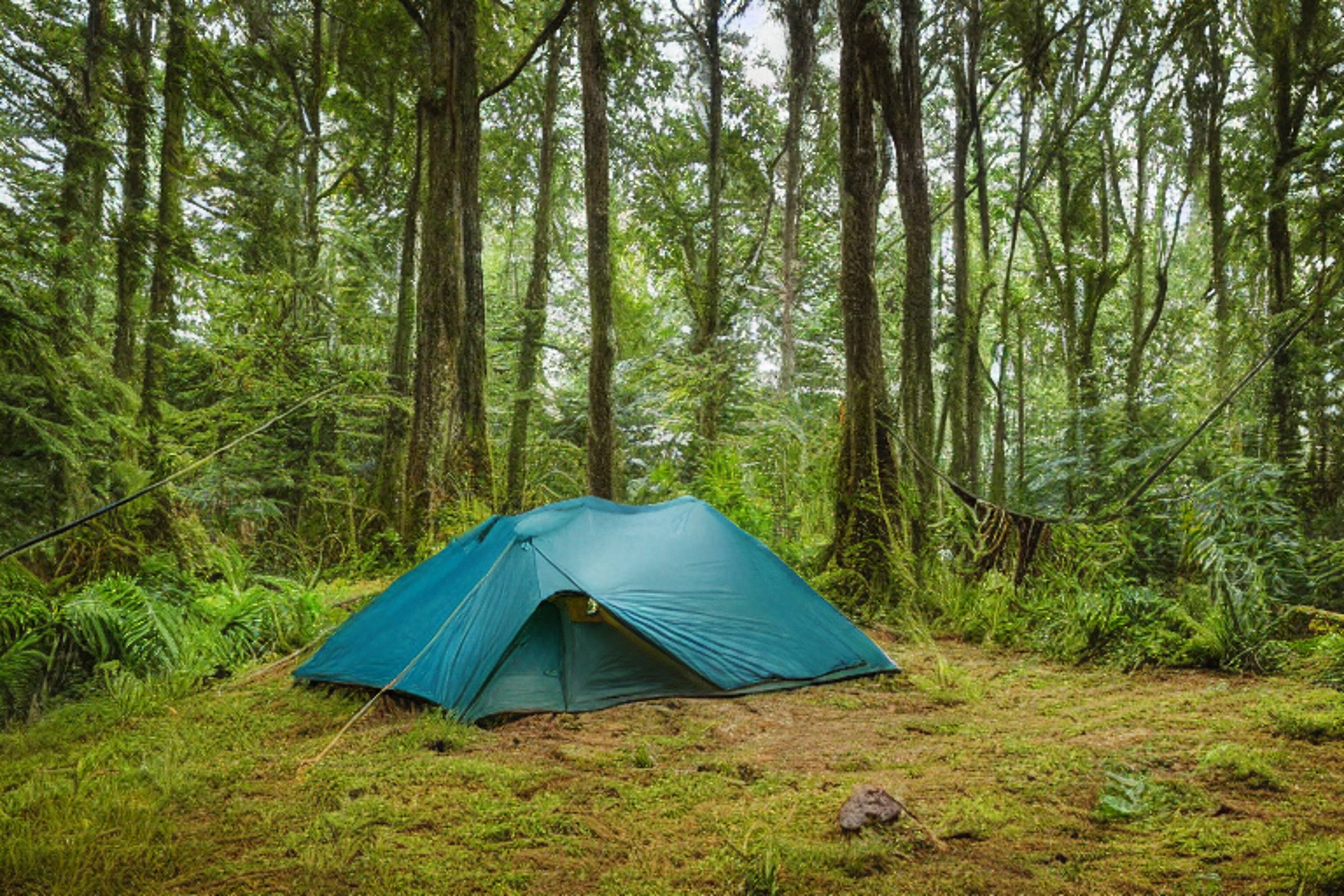A tan tent rests on a dirt patch in a snowy, overgrown forest. Ferns and tall grass surround the camp, while a hammock hangs between two trees. In the distance, a person shines a flashlight through the quiet woods.