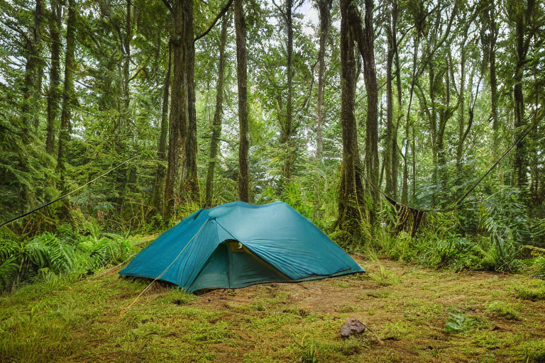 A tan tent rests on a dirt patch in a snowy, overgrown forest. Ferns and tall grass surround the camp, while a hammock hangs between two trees. In the distance, a person shines a flashlight through the quiet woods.