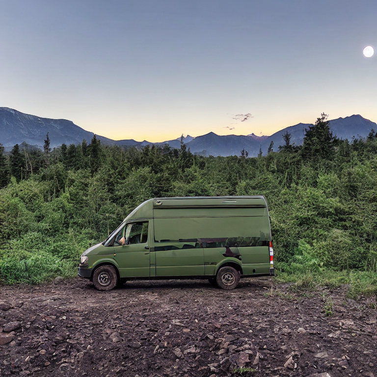 A green camo van rests at a quiet dirt campsite near a warm hot spring. A small campfire glows beside a large log, while a winding trail leads toward the mountains. Soft clouds and a distant moon add a calm dusk feeling.