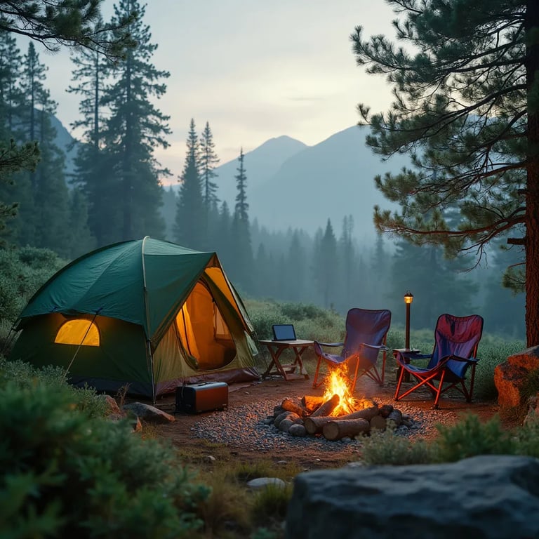 A green tent rests among rocky mountain trees in the soft morning fog. Camp chairs and a crackling fire make the campsite feel warm and inviting. Sunbeams shine through the bushes, while a small solar panel charges nearby.