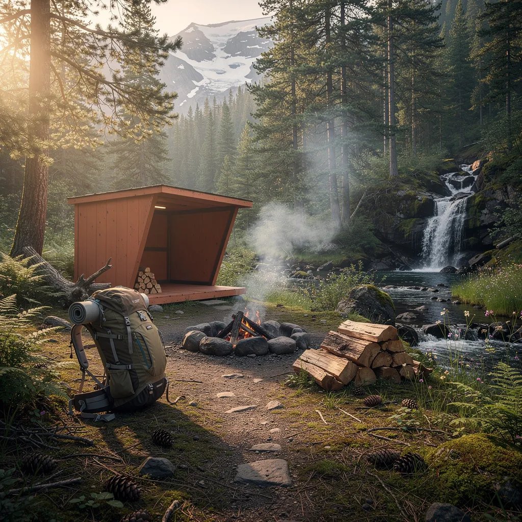 Golden sunset light shines through tall evergreens onto a quiet forest clearing. A terracotta lean-to sits by a small waterfall, with cool mist drifting between the trees. Pine cones and moss cover the damp ground, and a stone fire ring sends up a thin curl of smoke. A hiking backpack and a neat stack of firewood wait beside a faint fern-lined path.