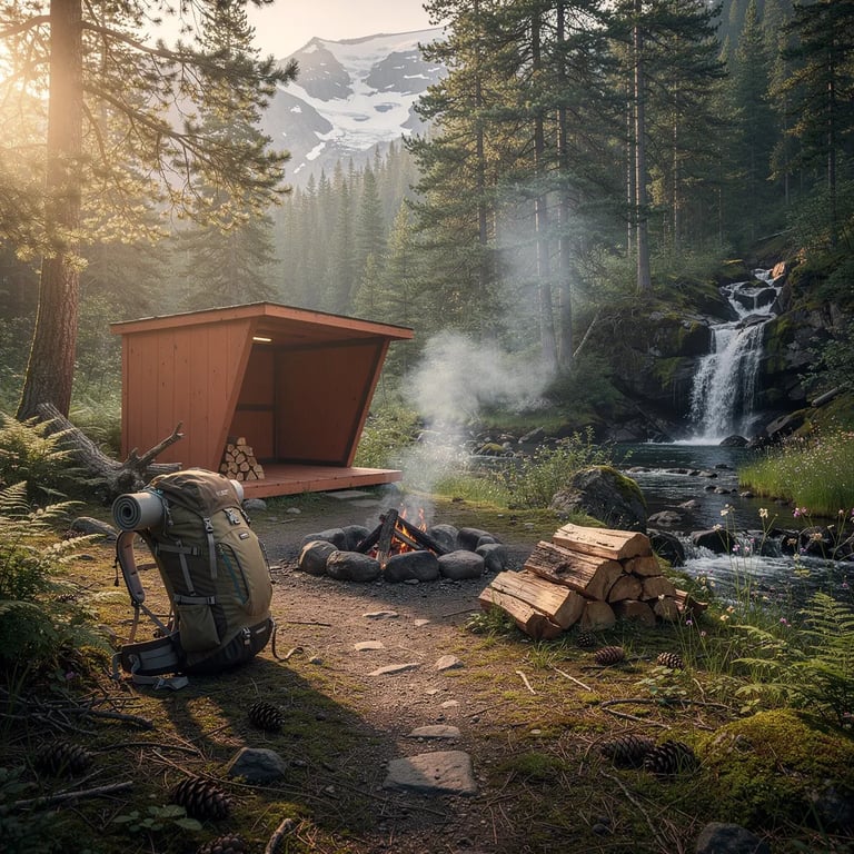 Golden sunset light shines through tall evergreens onto a quiet forest clearing. A terracotta lean-to sits by a small waterfall, with cool mist drifting between the trees. Pine cones and moss cover the damp ground, and a stone fire ring sends up a thin curl of smoke. A hiking backpack and a neat stack of firewood wait beside a faint fern-lined path.