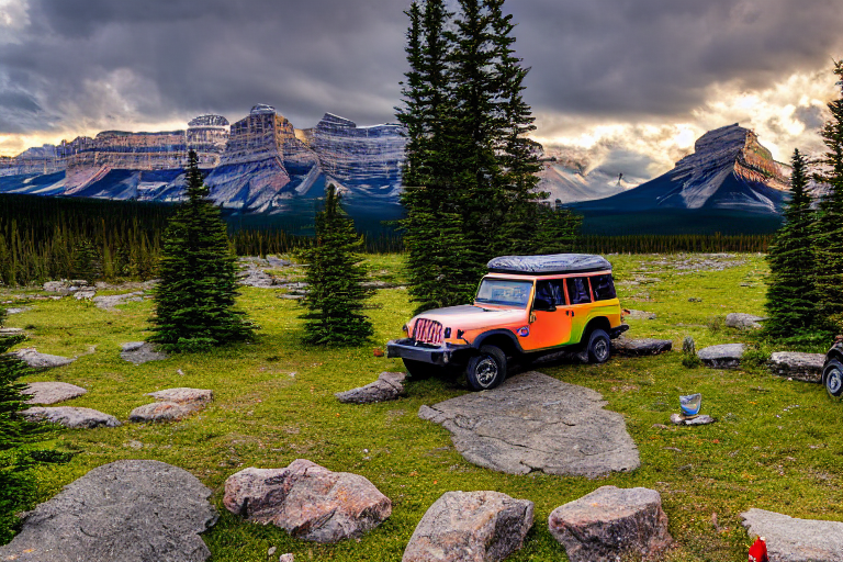 A colorful Jeep with its rooftop tent open rests at a peaceful campsite in Banff National Park. Tall grass, wildflowers, and large stone slabs surround the sunny spot as mountains glow under a clear morning sky.