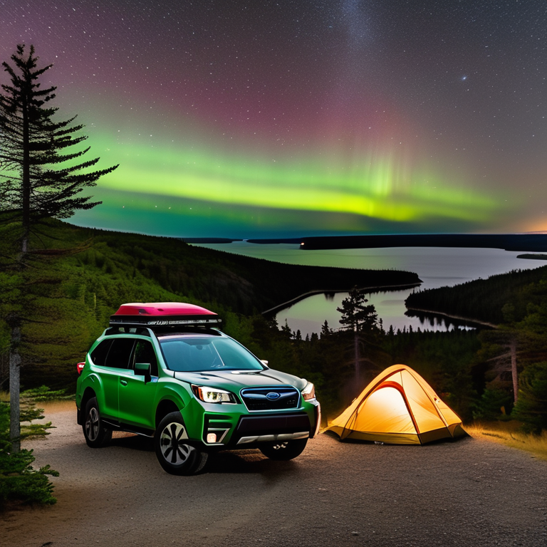 A cozy rooftop tent campsite rests among bushes and rolling hills in Acadia National Park. A gentle stream winds past the picnic table, while fog drifts under the glowing northern lights.
