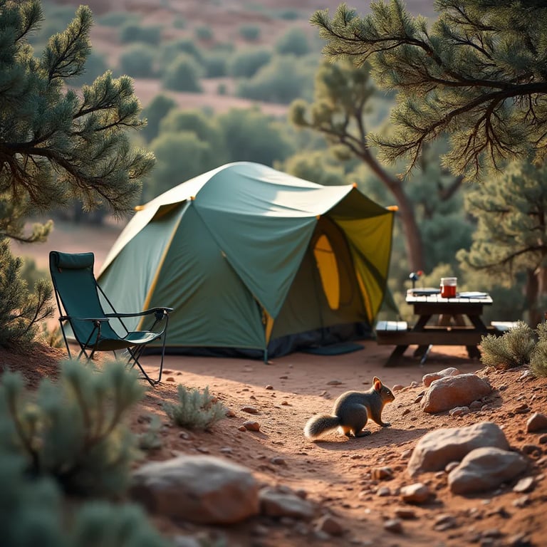 A green and tan tent rests among mossy trees beneath the red cliffs of Red Rock Canyon. Sleet falls softly as a squirrel races past the chairs, picnic table, and ancient dinosaur tracks in the rocks.