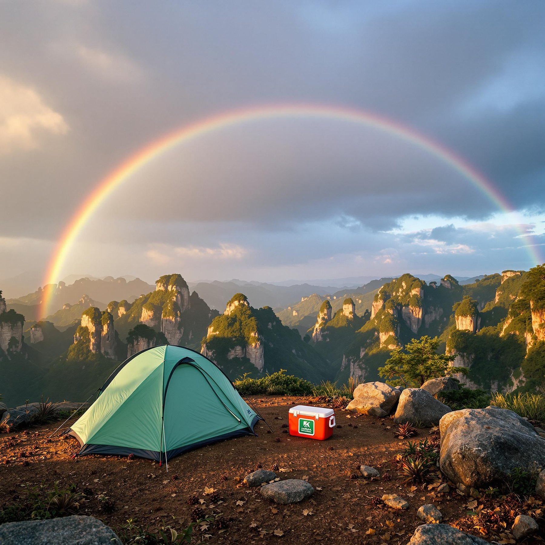 A mint-green tent rests among boulders and pine cones in the rolling hills of Zhangjiajie, China. Seen from a treehouse, the cozy campsite glows in the golden light beneath a double rainbow.