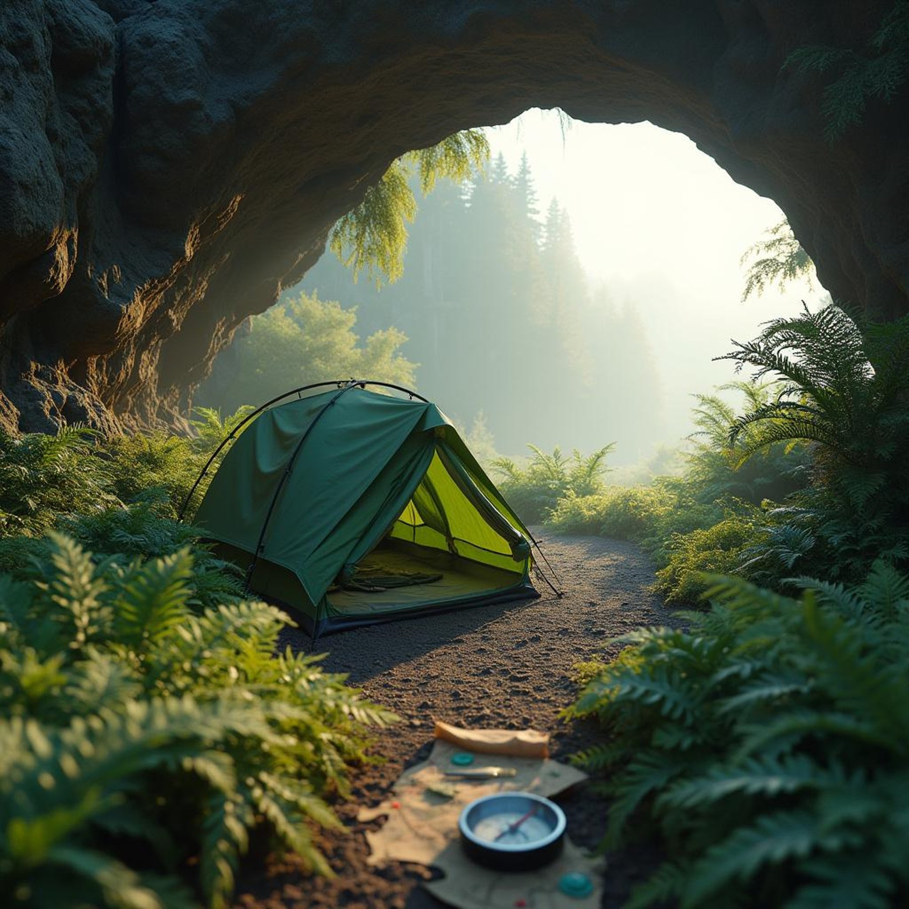 A green tent rests beside a grand natural arch, surrounded by ferns and tall grass. Soft morning fog gives the campsite a calm, dreamy feeling. A map and compass mark the perfect spot for adventure.