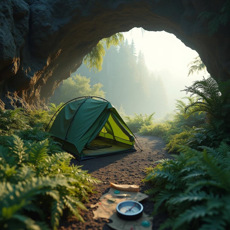A green tent rests beside a grand natural arch, surrounded by ferns and tall grass. Soft morning fog gives the campsite a calm, dreamy feeling. A map and compass mark the perfect spot for adventure.