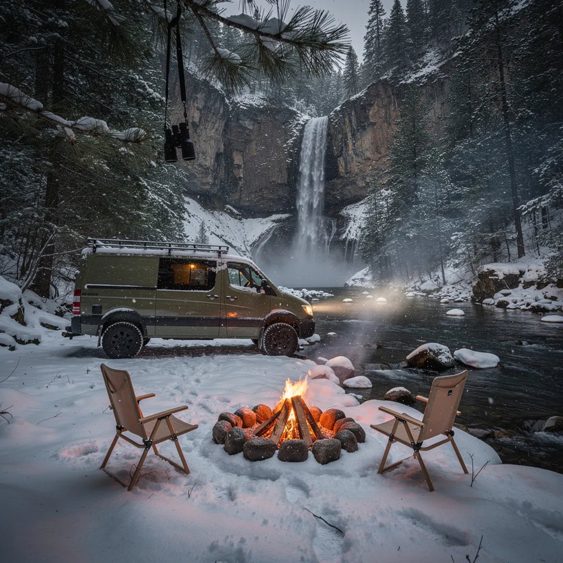 A cozy camp sits in a snowy forest valley beside a rocky stream, with a tall waterfall misting in the distance. Warm firelight glows on two chairs and an army-green van while cold moonlight washes over the trees. Snow swirls in the wind, and a pair of binoculars hangs from a low pine branch nearby.