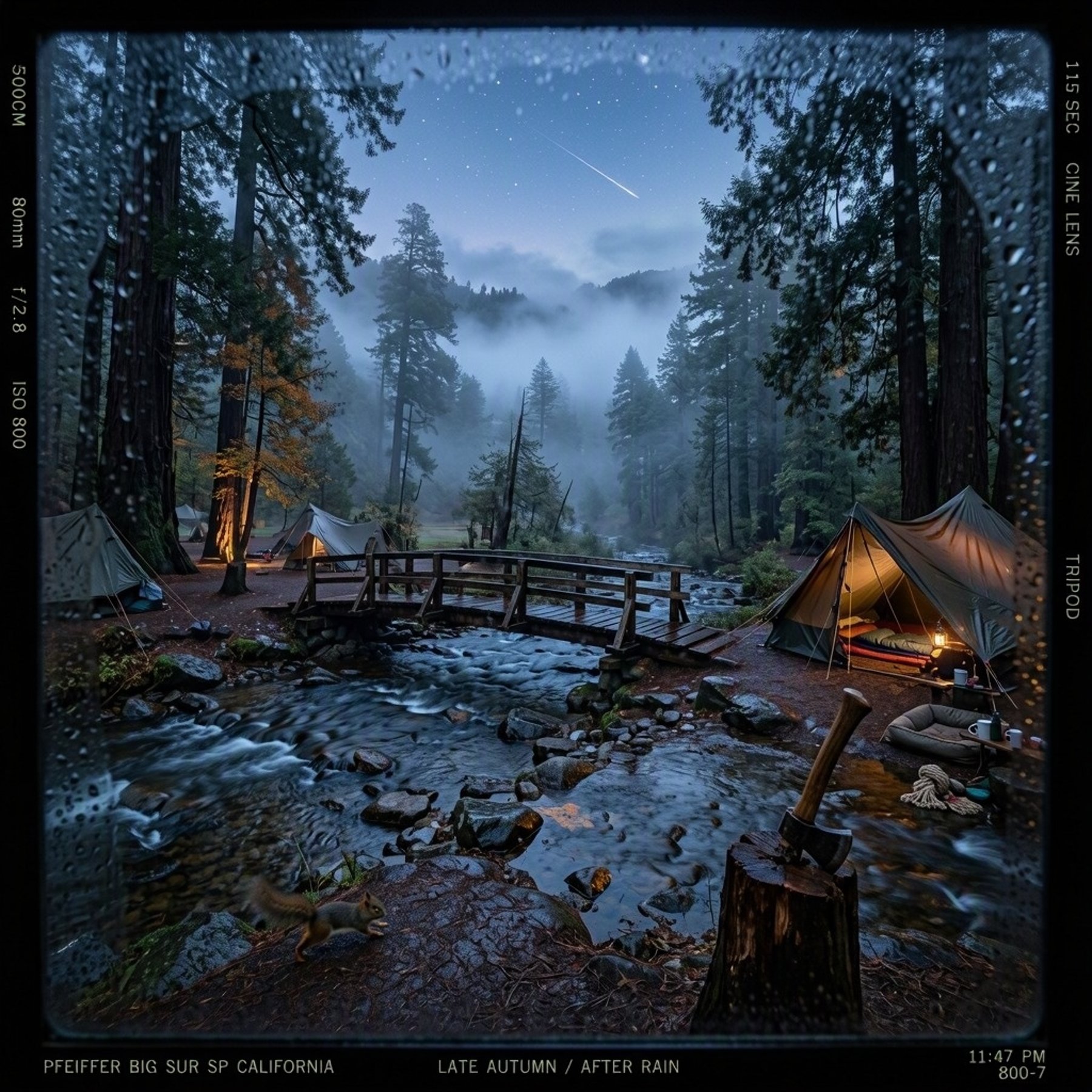 Fog drifts through the redwoods around a quiet campsite beside a shallow stream. Tarp shelters glow softly near a rustic footbridge, while a squirrel races past a stump with an axe. Wet stones shine under the blue evening sky, where one bright star peeks through.