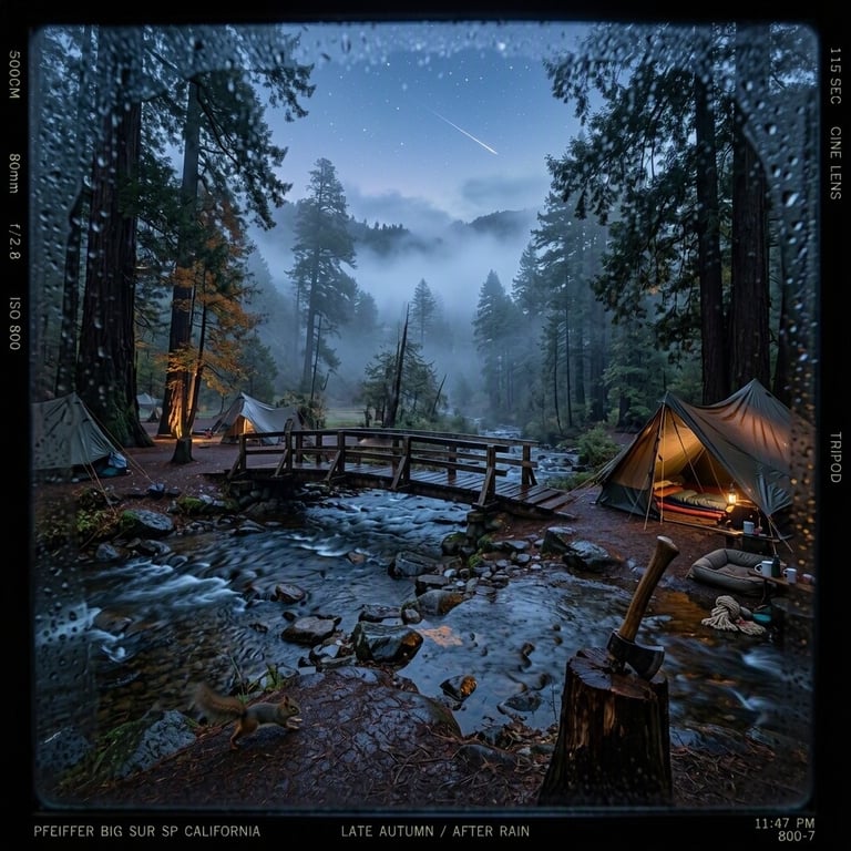 Fog drifts through the redwoods around a quiet campsite beside a shallow stream. Tarp shelters glow softly near a rustic footbridge, while a squirrel races past a stump with an axe. Wet stones shine under the blue evening sky, where one bright star peeks through.