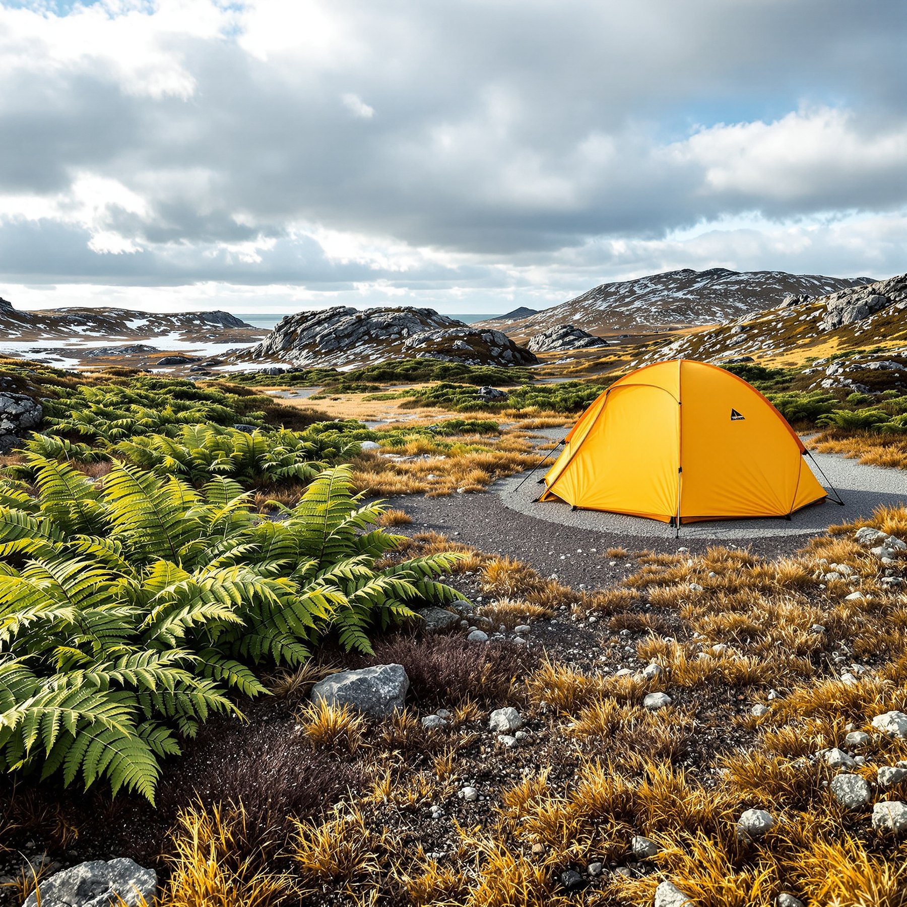 A bright yellow tent sits in a wild, rocky field with big green ferns and snowy hills in the distance. The sky is cloudy, making everything feel calm and peaceful. This campsite is perfect for an outdoor adventure in nature.