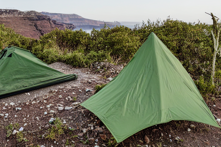 A green camo tent rests on a paved campsite dusted with snow in Santorini. A picnic table, stone gravel, and a winding dirt path create a quiet outdoor retreat.