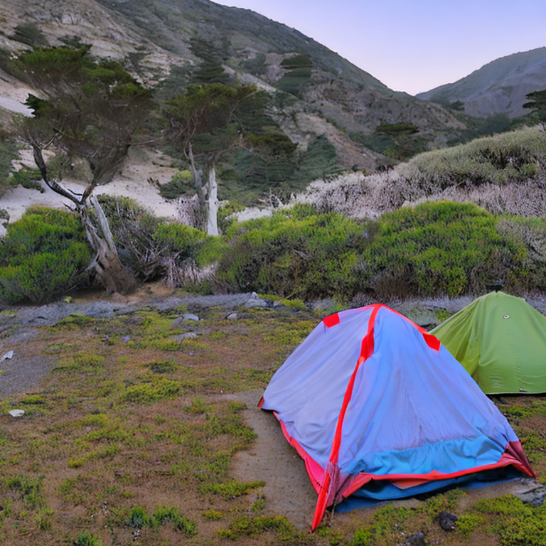 A colorful two-person tent rests on a quiet dirt clearing in snowy Big Sur. A warm campfire glows among stone patches, mossy trees, and thick bushes, with misty mountains rising in the background.