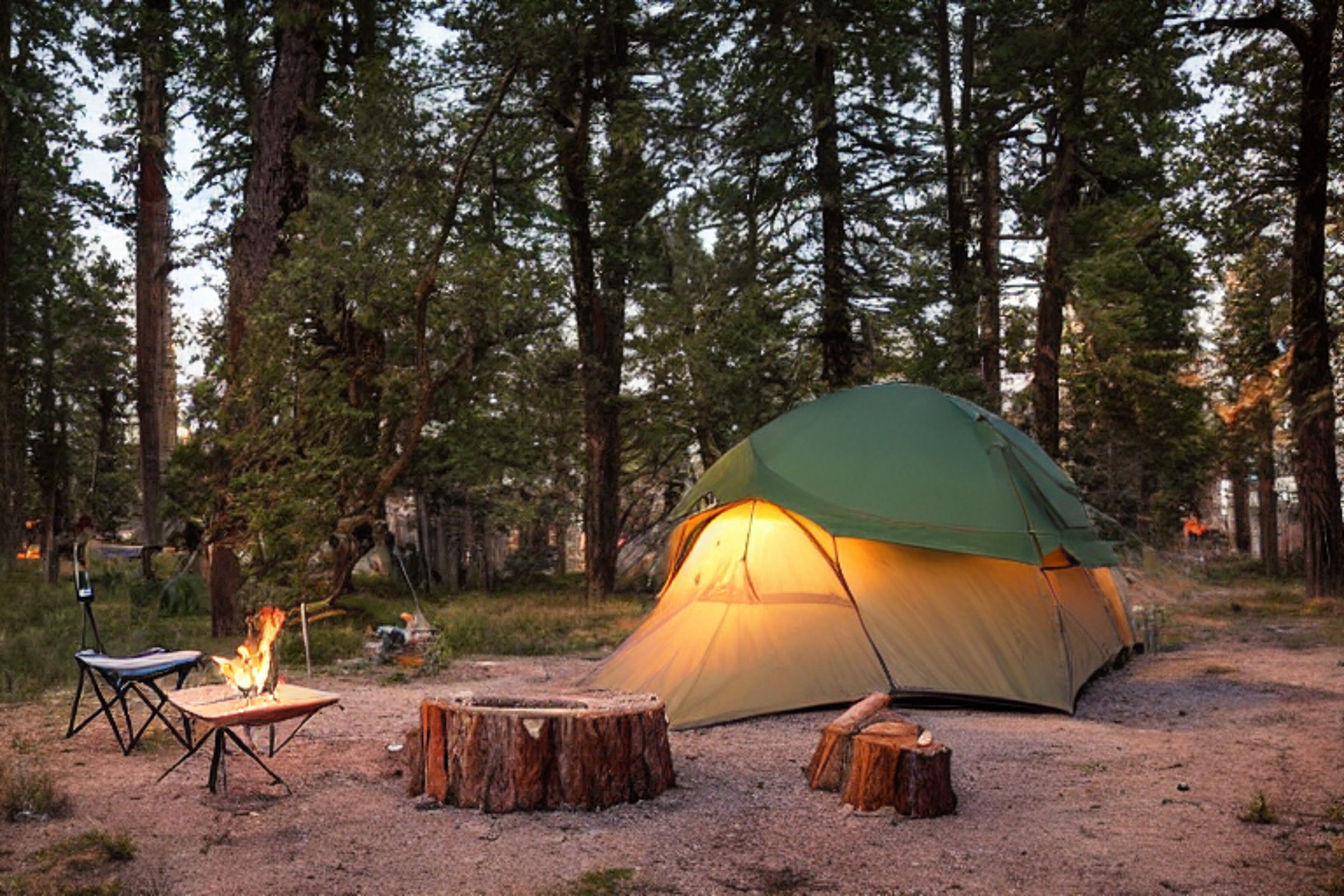 A green tent rests on a quiet paved campsite beneath a sky full of stars. A warm campfire glows beside camping chairs and logs, while a picnic table sits nearby. The dark forest and sandy ground create a peaceful night in the Great Sand Dunes.