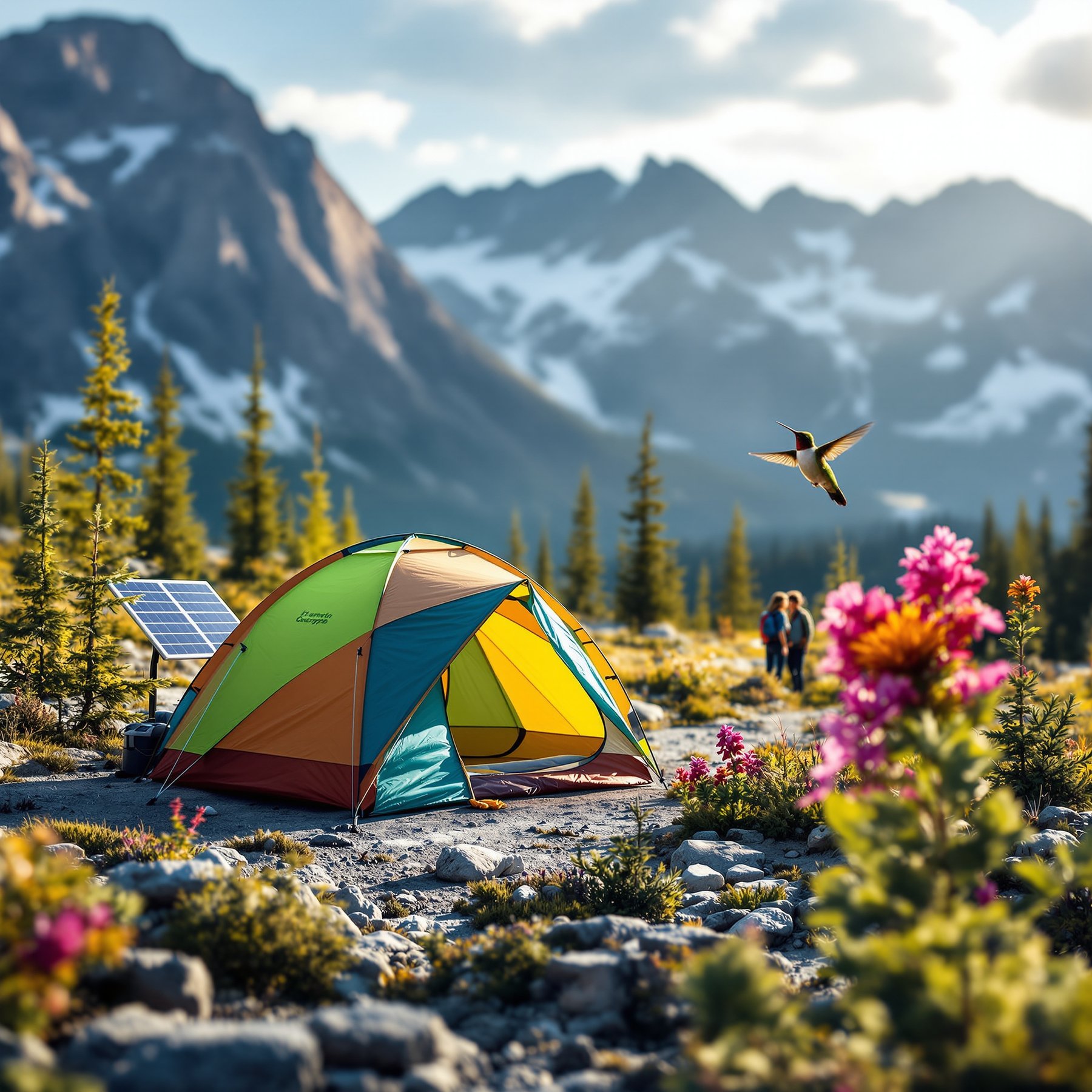 A colorful tent sits in a sunny mountain meadow with wildflowers and tall pine trees all around. Snowy mountains rise in the background, and a hummingbird flies nearby. It's the perfect spot for a peaceful outdoor adventure.