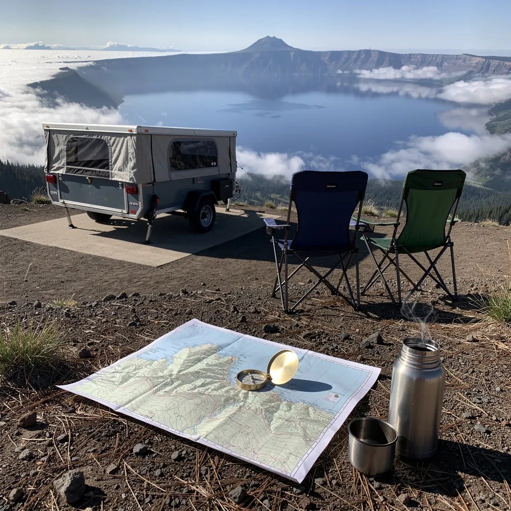 On a sunny overlook, a gray-and-blue pop-up camper sits on dusty volcanic ground sprinkled with pine needles and stones. Two camp chairs face the wide crater views, where low clouds rest in the valleys below. A topo map and brass compass lie on the dirt beside a steaming thermos, ready for a day of exploring.