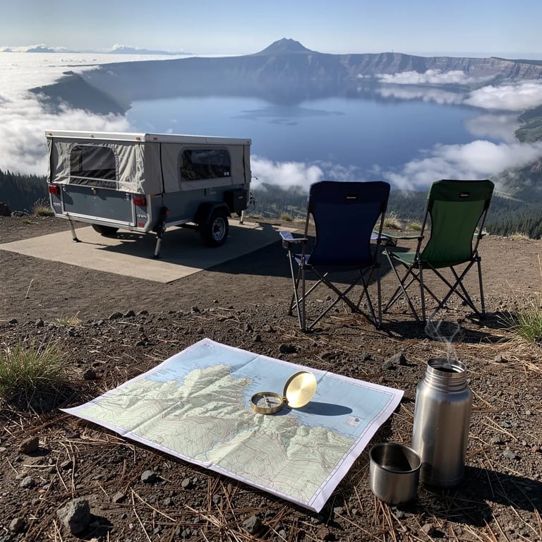 On a sunny overlook, a gray-and-blue pop-up camper sits on dusty volcanic ground sprinkled with pine needles and stones. Two camp chairs face the wide crater views, where low clouds rest in the valleys below. A topo map and brass compass lie on the dirt beside a steaming thermos, ready for a day of exploring.