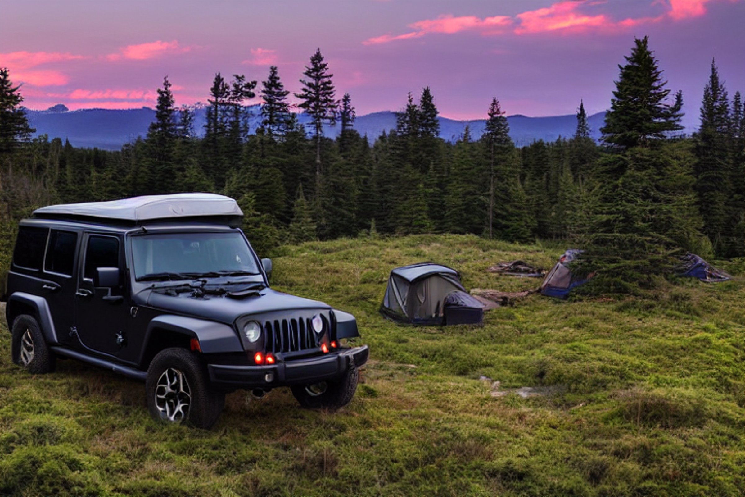 A black Jeep with a rooftop tent rests on a sunny dirt campsite along the Maine coast. Mossy trees surround the camp, with clothes hanging on a nearby line. Blue mountains rise in the distance beneath the warm golden light.