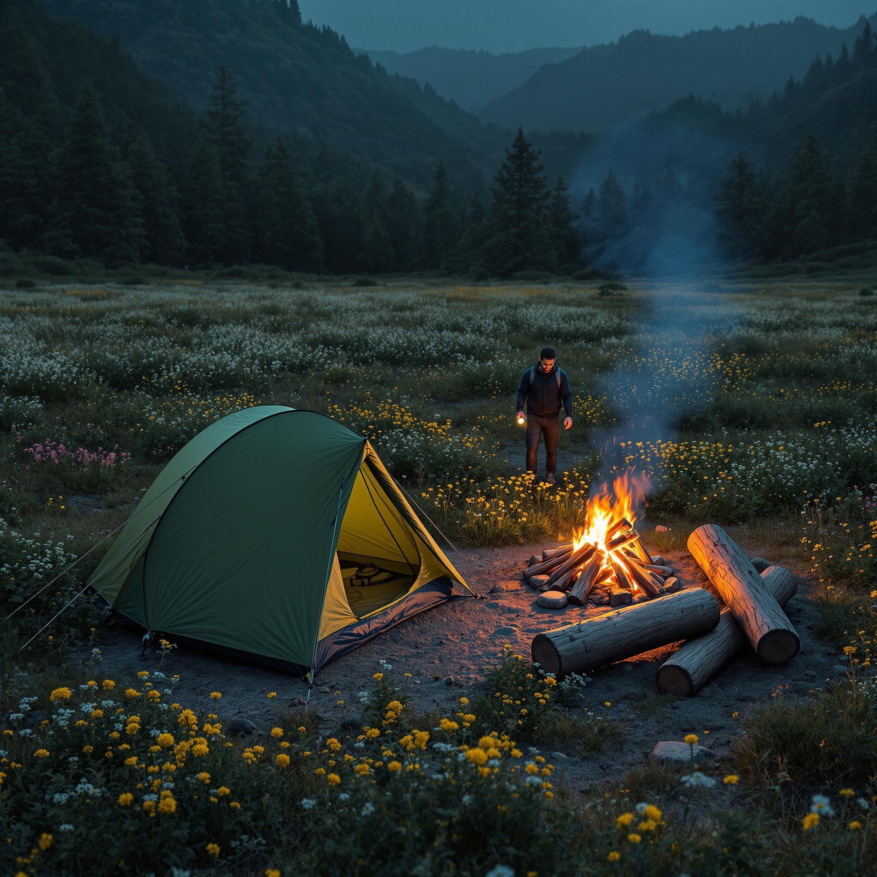 A cozy tent sits in a field full of colorful wildflowers, surrounded by tall, mysterious trees. A crackling campfire glows warmly as twilight settles in, making the place feel magical and calm. It's the perfect spot for an adventure under the starry sky.