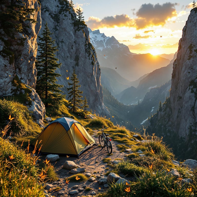 A cozy tent rests in a rocky gorge as the sun sets behind mossy trees. Tall grass, gravel, and a parked bicycle surround the camp, while butterflies drift through the warm evening air.