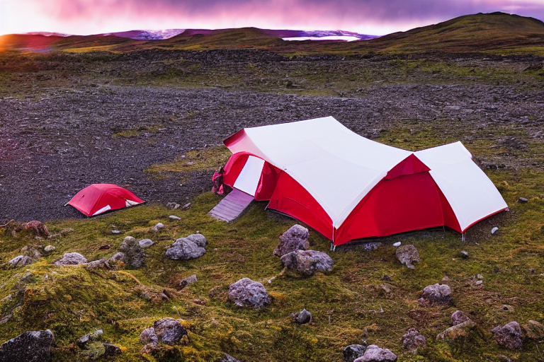 A red-and-white tent rests on a quiet dirt campsite in Iceland. Fall-colored trees and scattered stones surround the camp under a clear golden sky. Hikers explore nearby while a small flashlight glows in the distance.