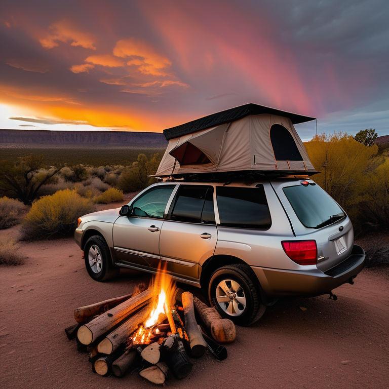 A tan Subaru with an open rooftop tent rests in a quiet New Mexico desert campsite. Fall-colored trees and ferns surround a glowing campfire on a patch of dirt. Cloudy skies and soft sunset light create a warm, peaceful mood.