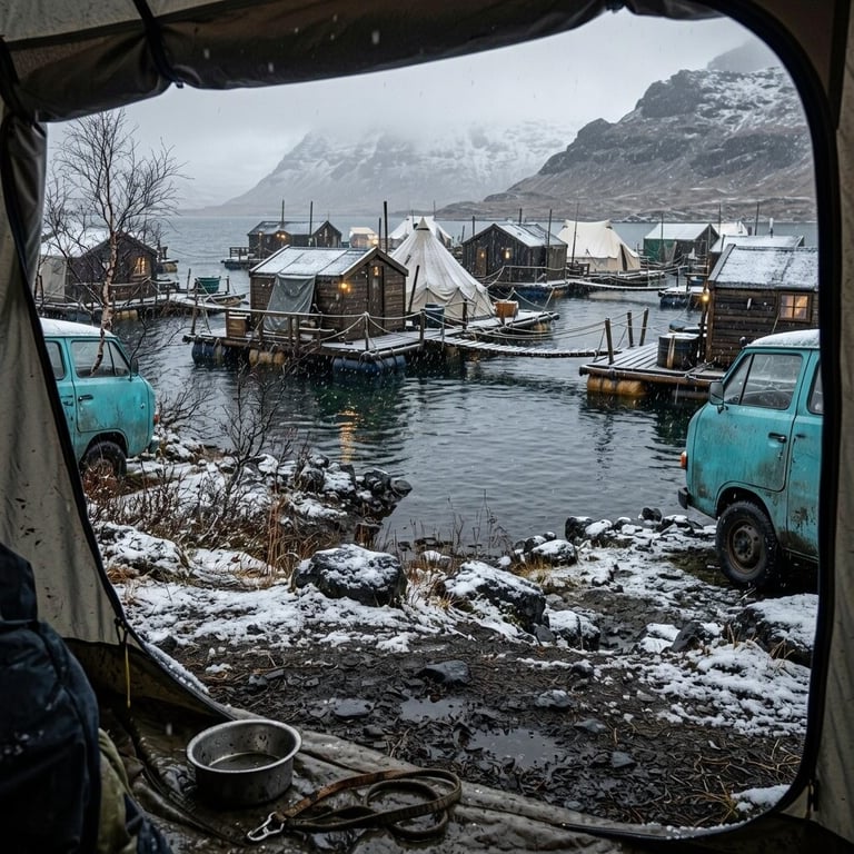 From inside a tent, wooden cabins and canvas tents sit on rafts across a snowy lake. Rope walkways link them, and turquoise vans stand on the rocky shore.