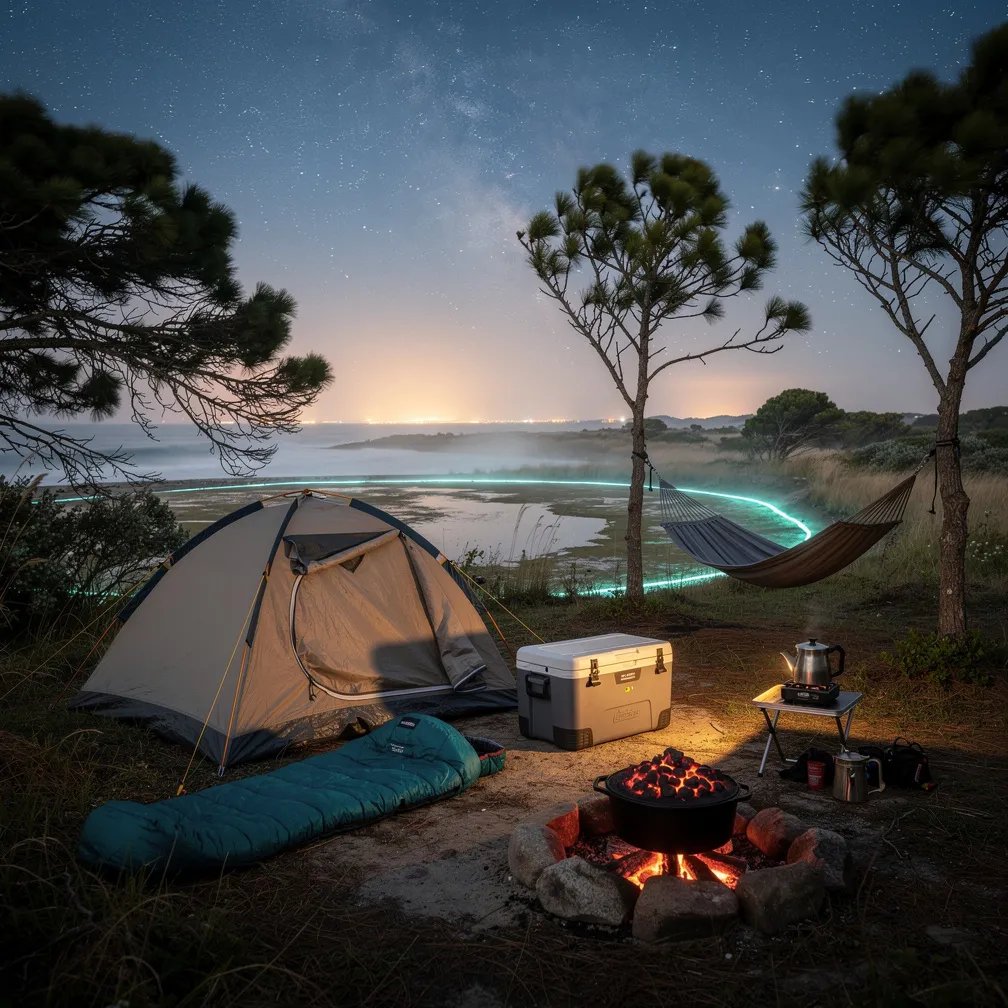 A windy coastal campsite sits under a clear sky full of stars, with a soft city glow far away. A small pond nearby shimmers with a faint blue-green light through the sea haze. A low tent, a teal sleeping bag, and a hammock rest between thin pines while warm embers glow in a fire ring beside a little camp stove.