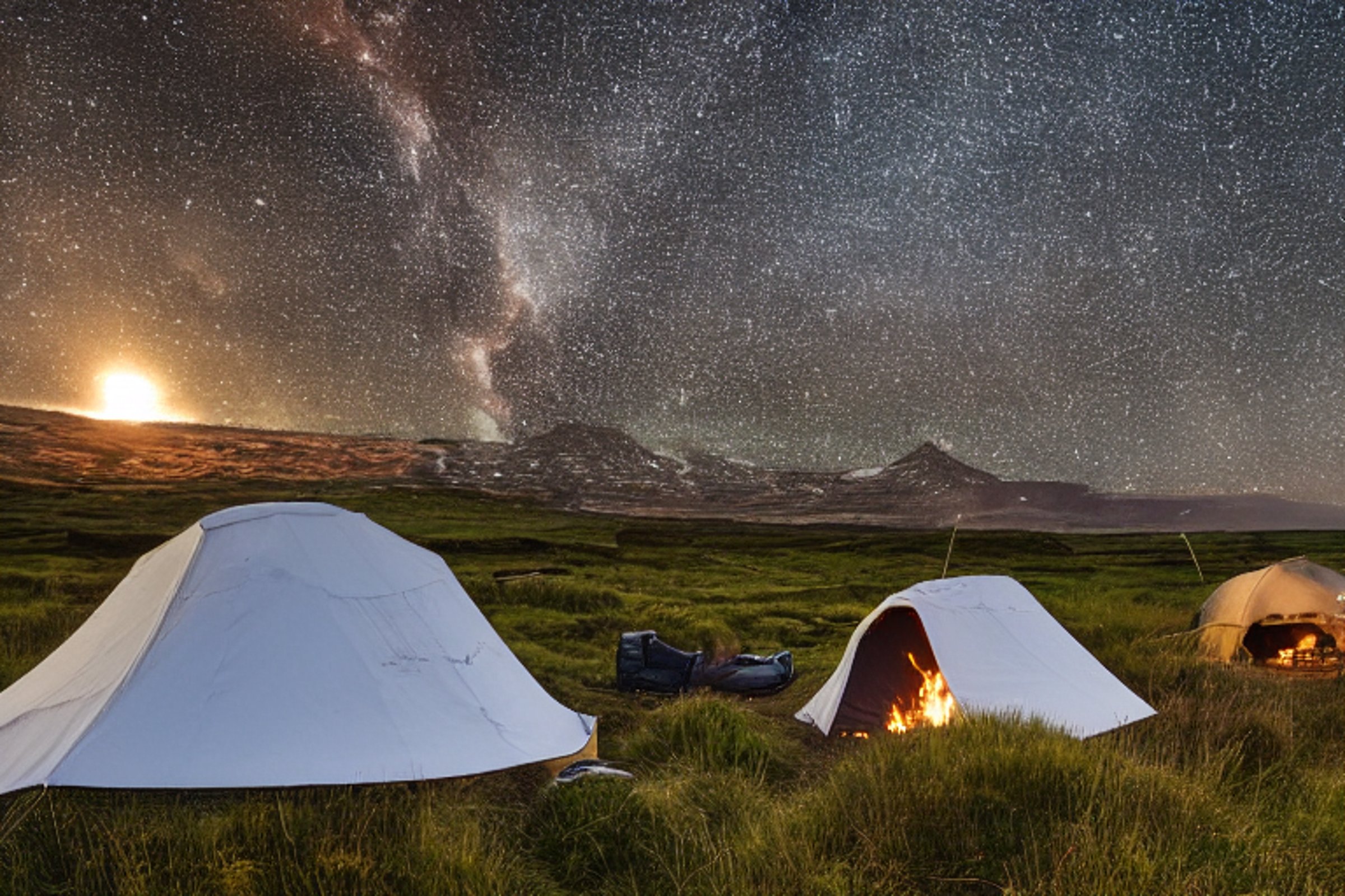 A tan tent rests on a dirt clearing in Iceland as snow falls softly around it. Tall grass, large trees, and a stone-ringed campfire create a cozy campsite beneath the open dusk sky.