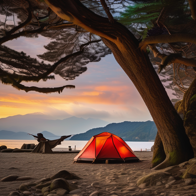 A cozy tent sits beside a glowing campfire on a gravel clearing in Miyajima, Japan. Ferns and berry bushes surround the camp, while snowy hills and surfers create a magical sunset scene.