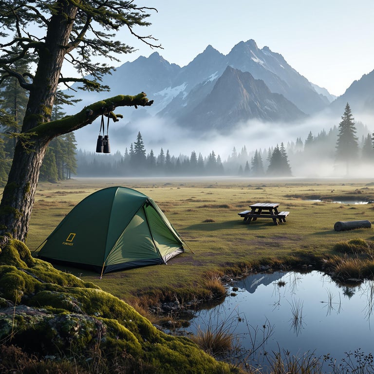 A cozy tent sits in a wide, misty meadow surrounded by tall, snow-capped mountains. A log and a picnic table wait for adventurers to gather and play by the calm, reflective pond. Binoculars hang from a branch, ready for exciting wildlife spotting at this magical getaway.