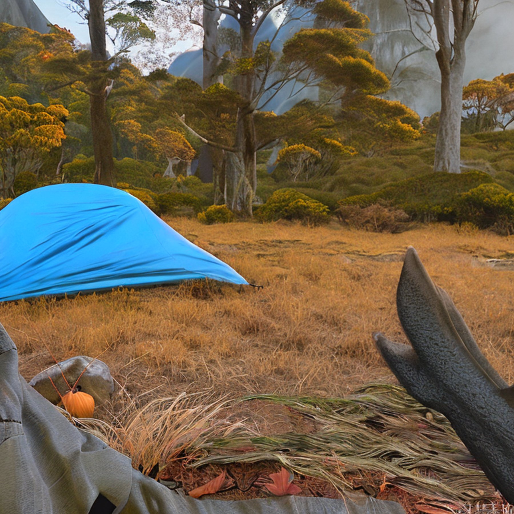 A blue tent rests on a quiet dirt patch beside a glowing campfire. Fog drifts through the fall-colored trees of Milford Sound, with tall cliffs and a large rock nearby. A deer watches from the distance as the sun rises.