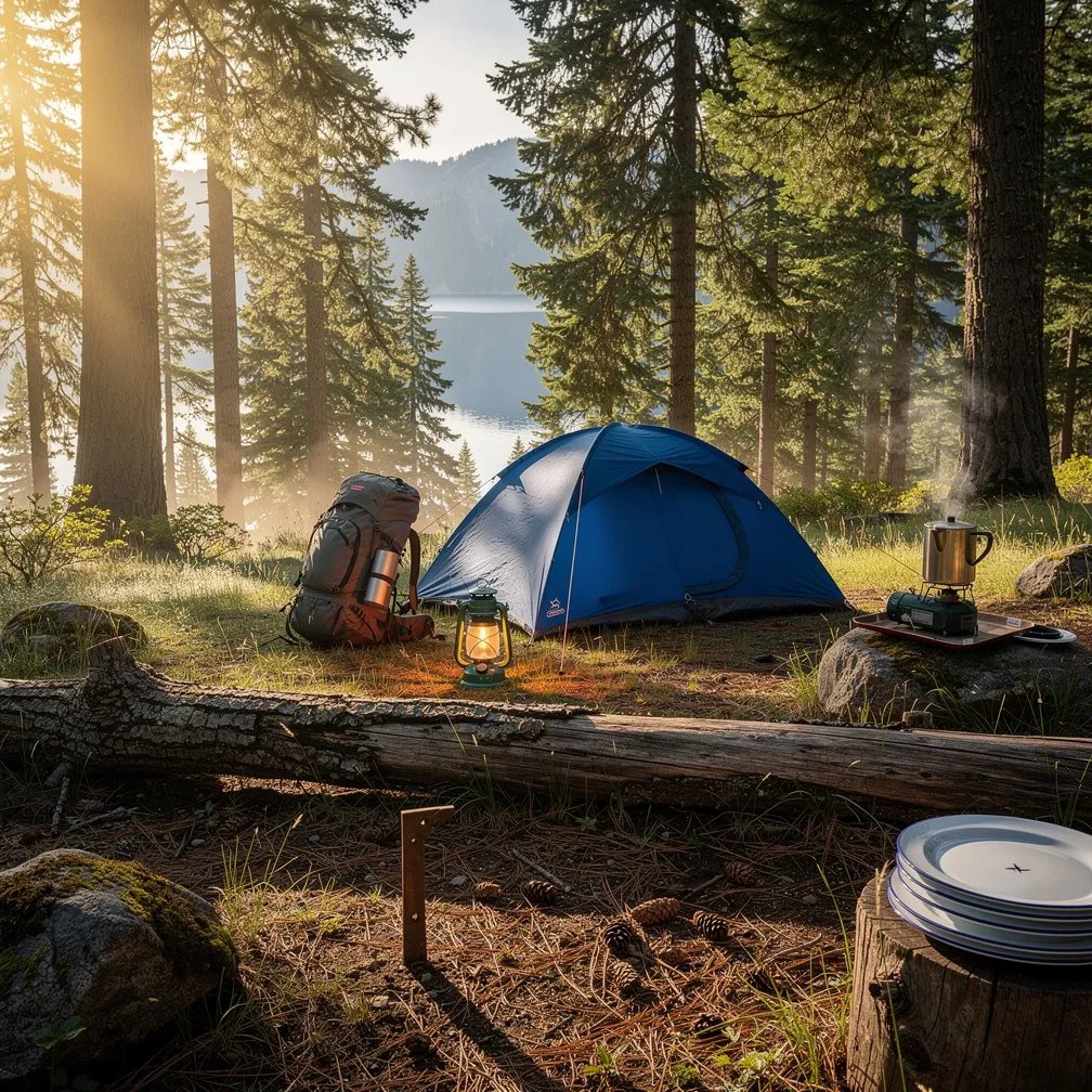 A blue tent sits in a quiet pine forest on a cool summer morning, with a soft mist in the air and a peek of the lake far away. Dew sparkles on the ground, and a fallen log frames the cozy camp. A warm lantern glows beside a little stove where coffee is brewing, making the whole place feel calm and welcoming.