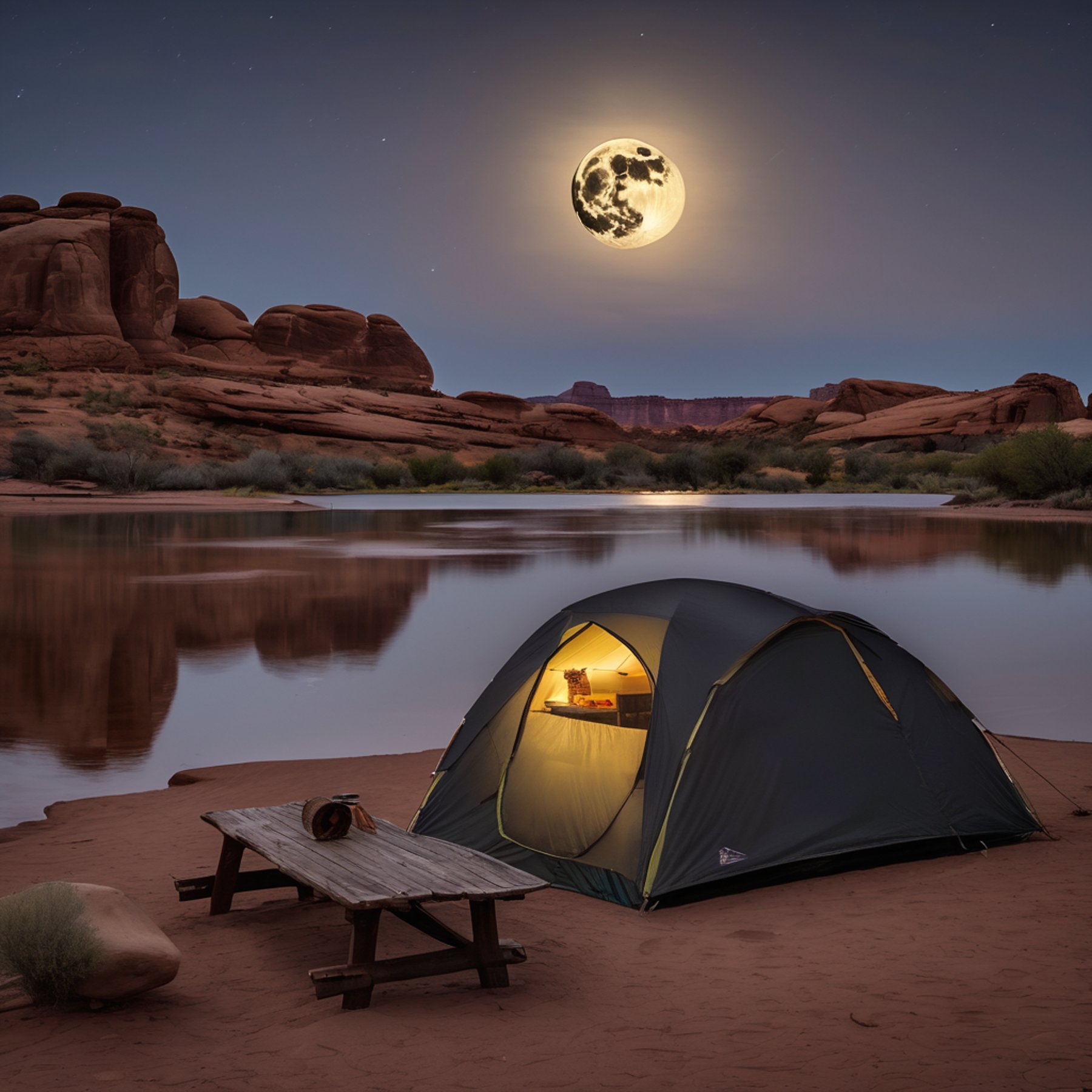 A dark gray tent rests on the rocky shore of Arches National Park beneath a bright full moon. Seen from a canoe, the quiet lake reflects the moonlight and towering red rocks. A picnic table and gentle breeze add to the peaceful nighttime camp.