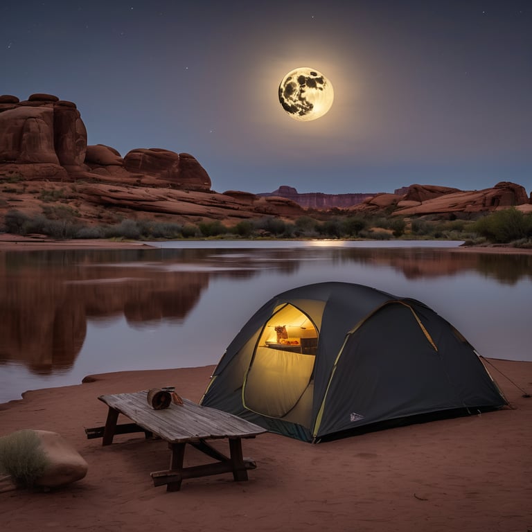 A dark gray tent rests on the rocky shore of Arches National Park beneath a bright full moon. Seen from a canoe, the quiet lake reflects the moonlight and towering red rocks. A picnic table and gentle breeze add to the peaceful nighttime camp.